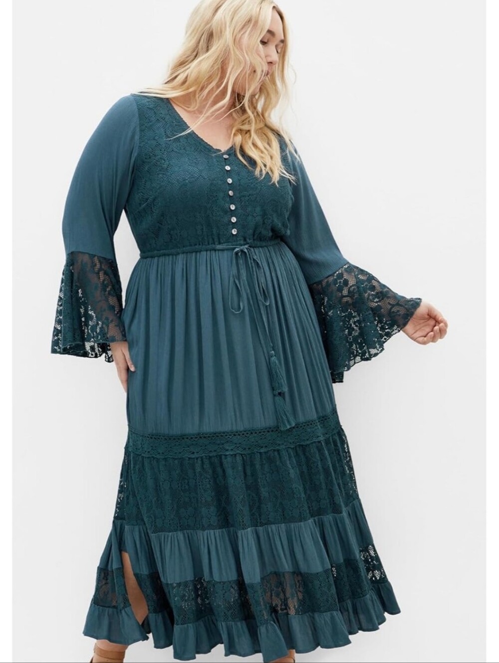 City Chic Teal Lace-Panel Maxi Dress with Bell Sleeves